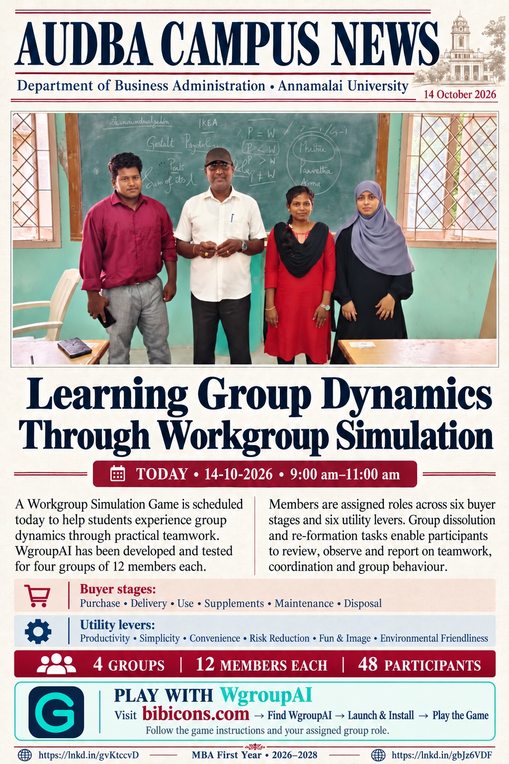 AUDBA Campus News poster — Learning Group Dynamics Through Workgroup Simulation, 14 October 2026